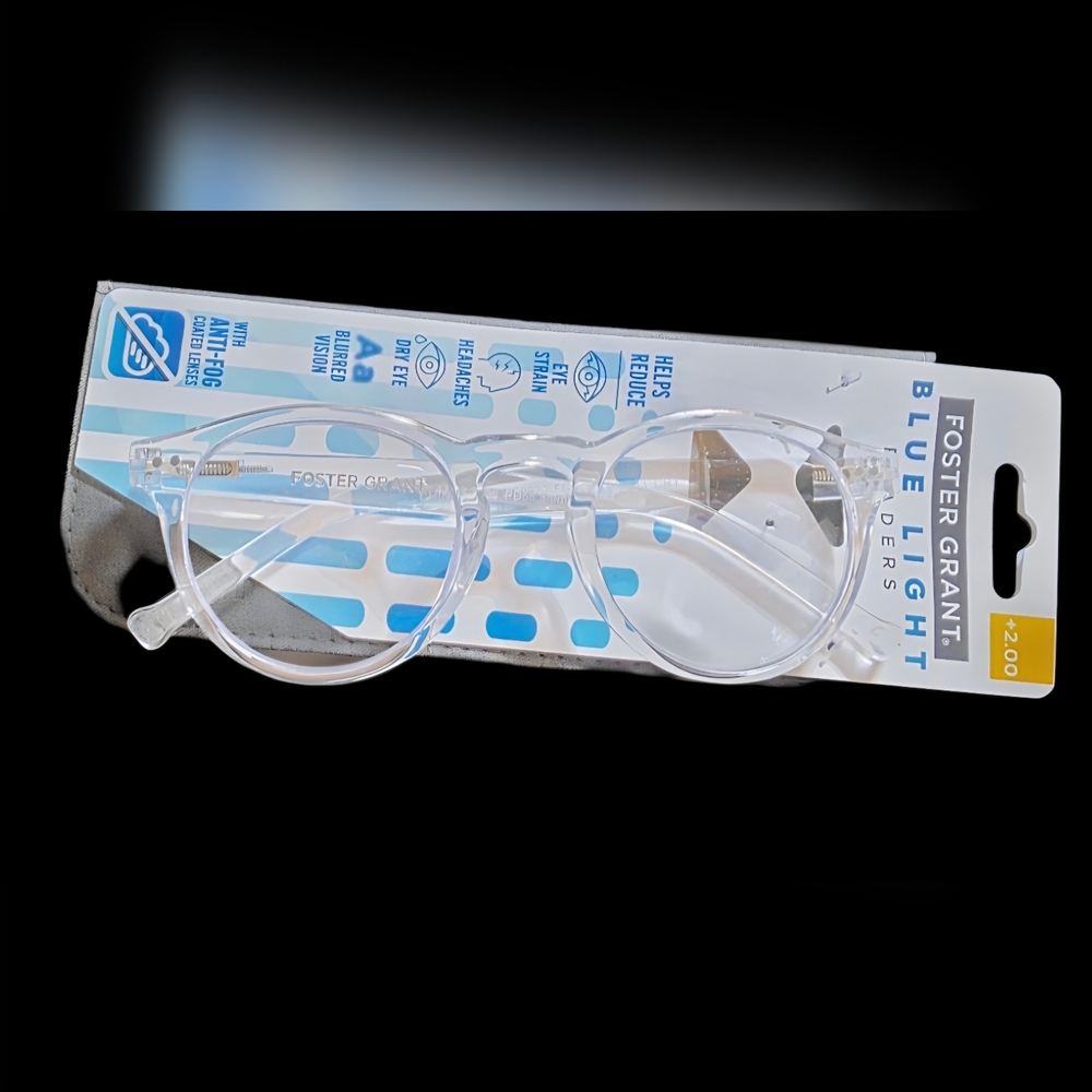NEW Foster Grant Blue Light Readers Crystal Clear Round frame + 2.00